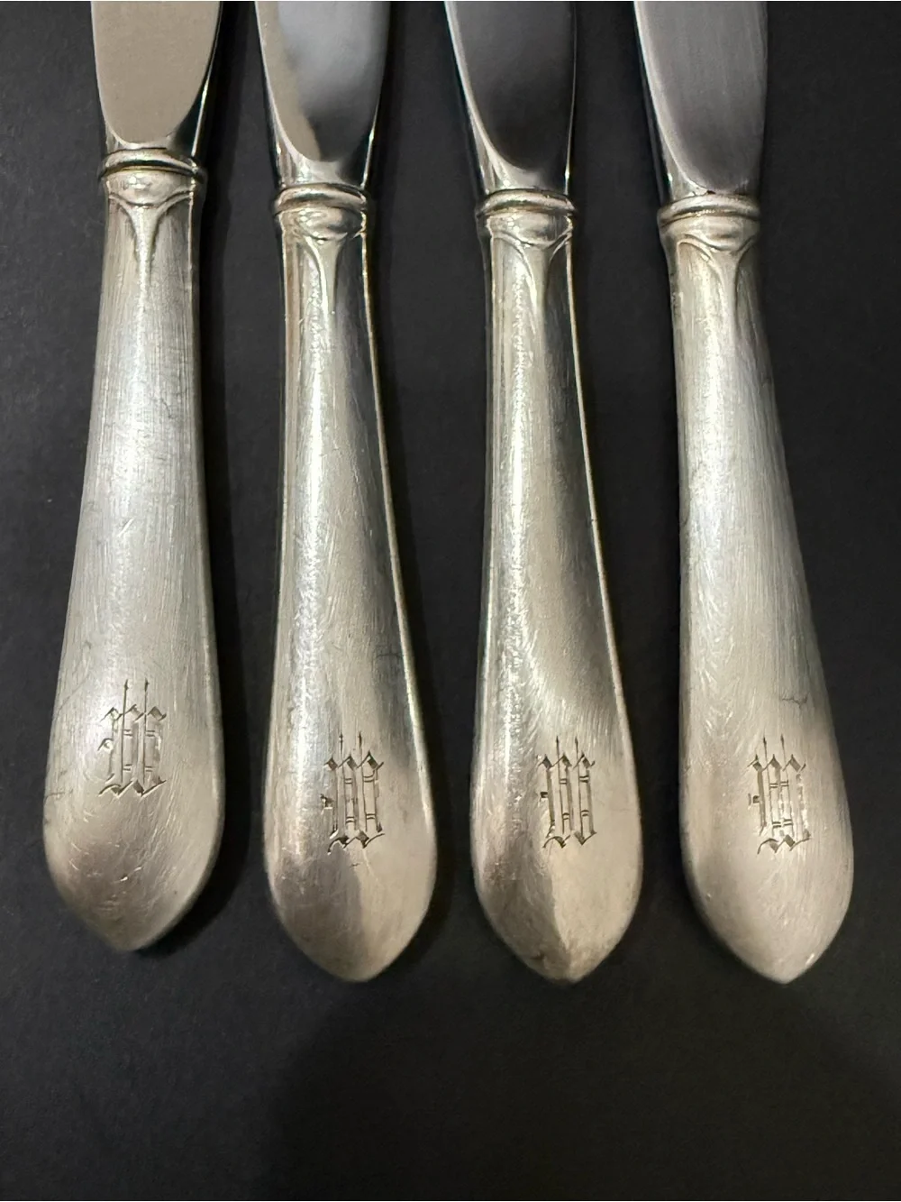 4 Vintage GORHAM Sterling Gothic Monogram W or M Hollow Handle Butter Spreader